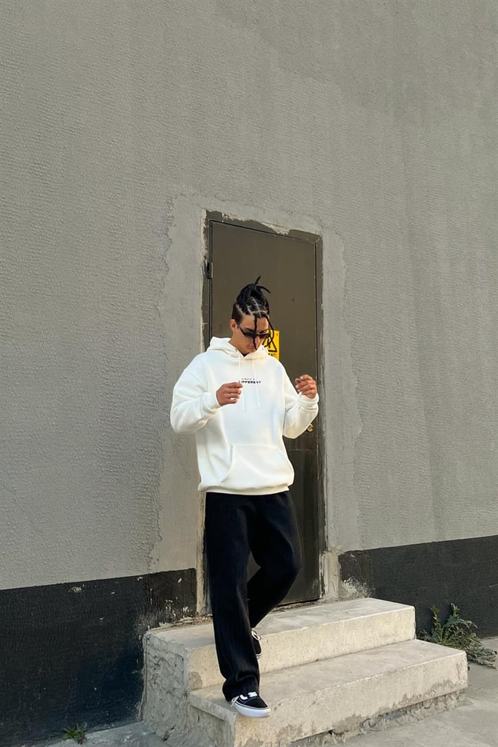 Chest Text Baskılı Beyaz İçi Pamuklu Oversize Hoodie