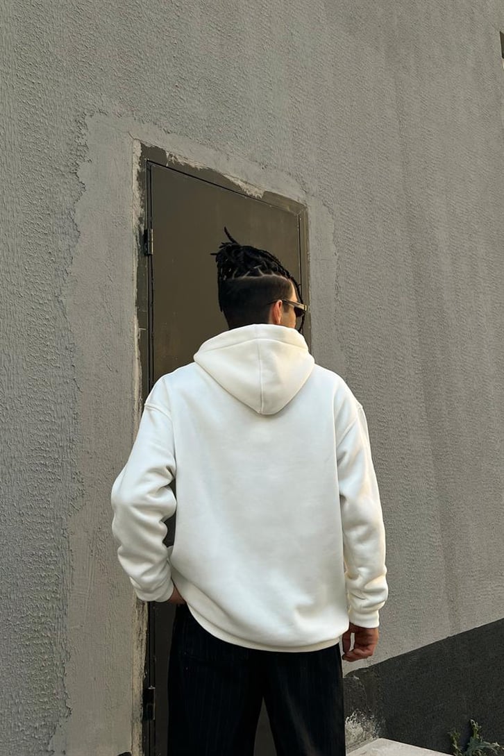Chest Text Baskılı Beyaz İçi Pamuklu Oversize Hoodie