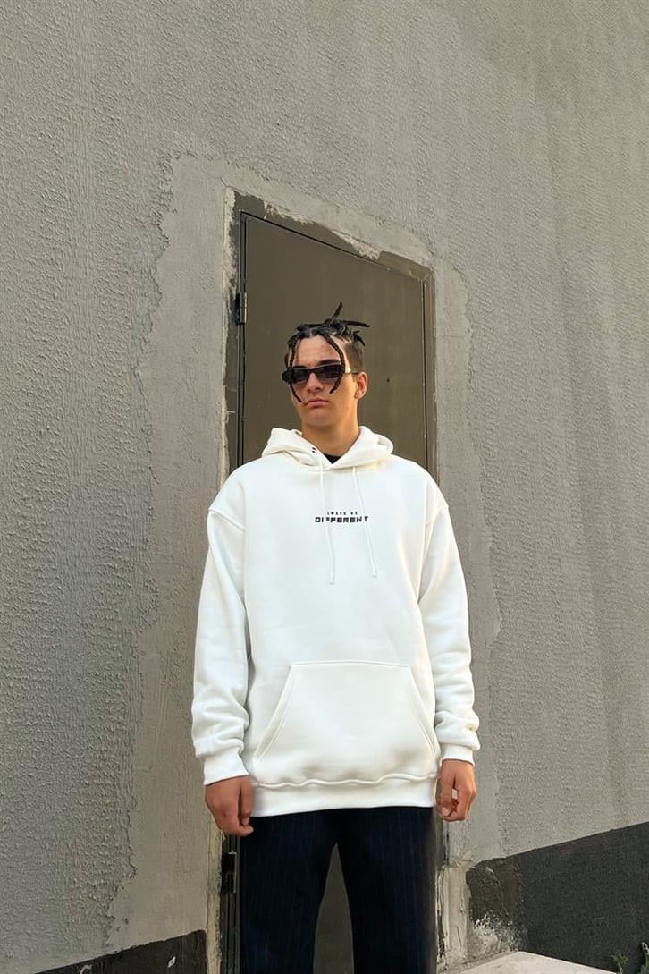 Chest Text Baskılı Beyaz İçi Pamuklu Oversize Hoodie