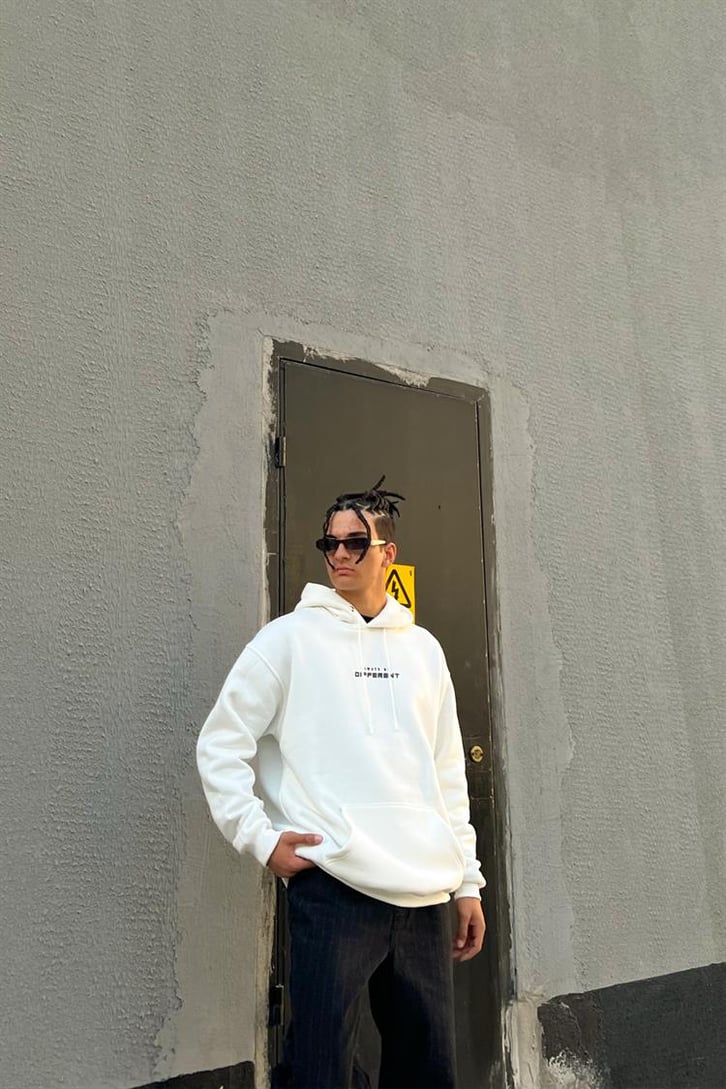 Chest Text Baskılı Beyaz İçi Pamuklu Oversize Hoodie
