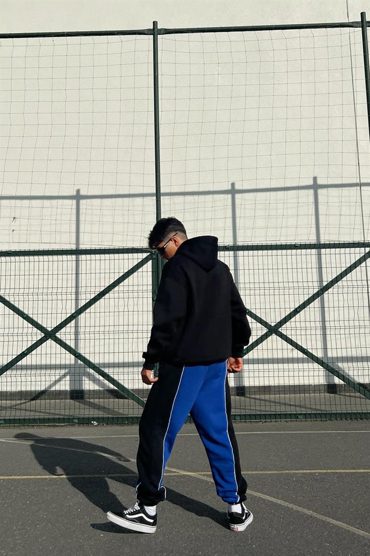 Chest Text Baskılı Siyah İçi Pamuklu Oversize Hoodie