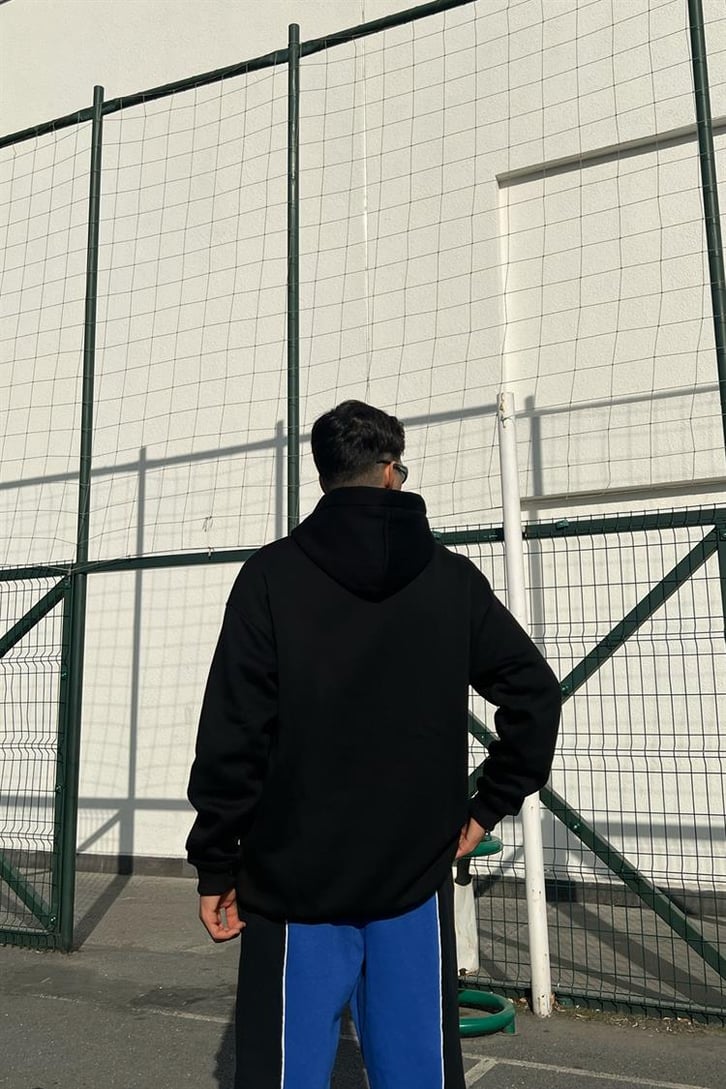 Chest Text Baskılı Siyah İçi Pamuklu Oversize Hoodie