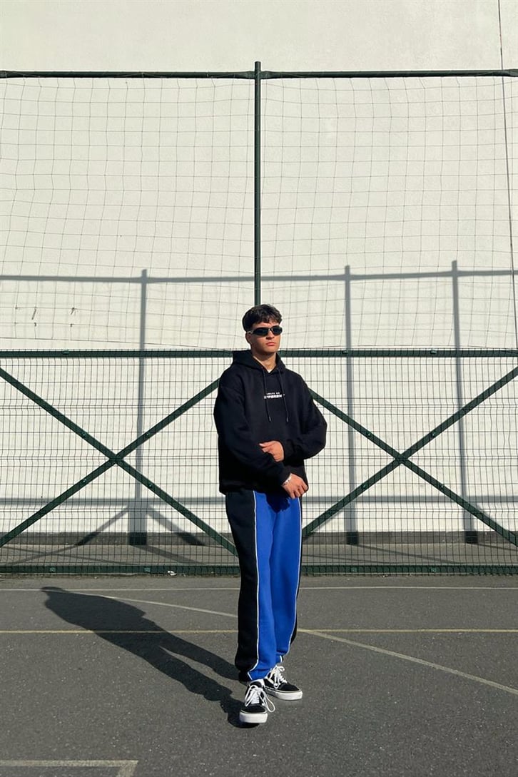 Chest Text Baskılı Siyah İçi Pamuklu Oversize Hoodie