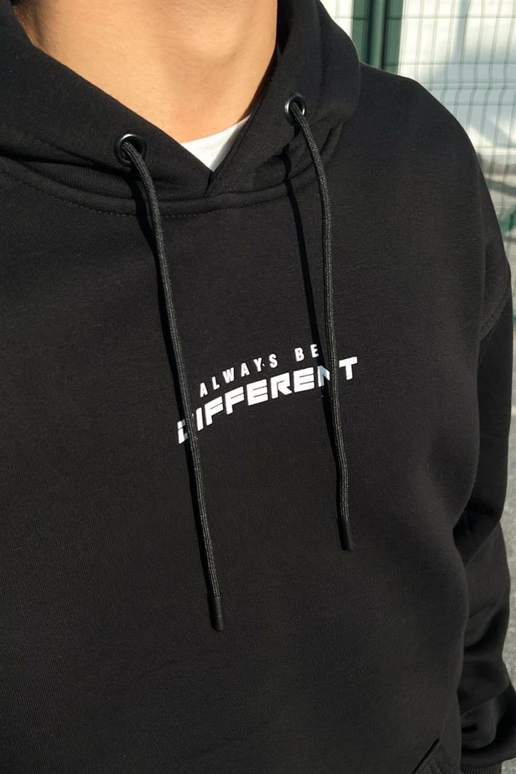 Chest Text Baskılı Siyah İçi Pamuklu Oversize Hoodie