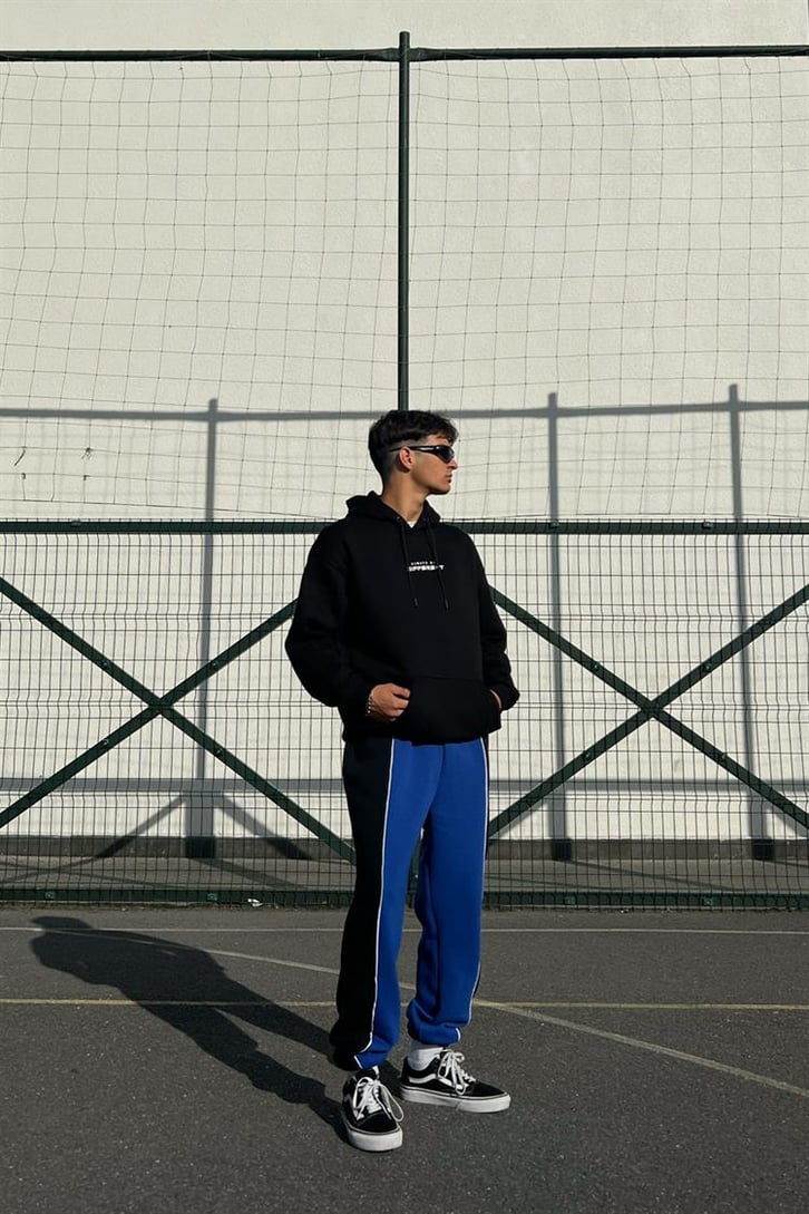 Chest Text Baskılı Siyah İçi Pamuklu Oversize Hoodie