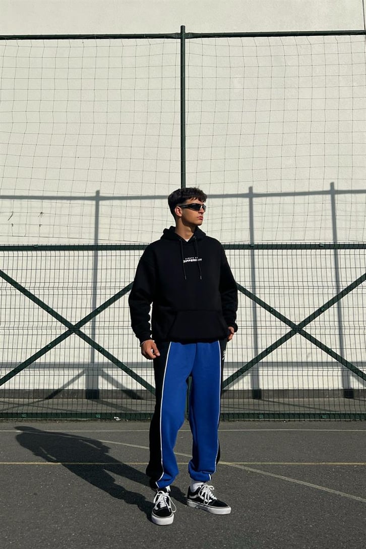 Chest Text Baskılı Siyah İçi Pamuklu Oversize Hoodie