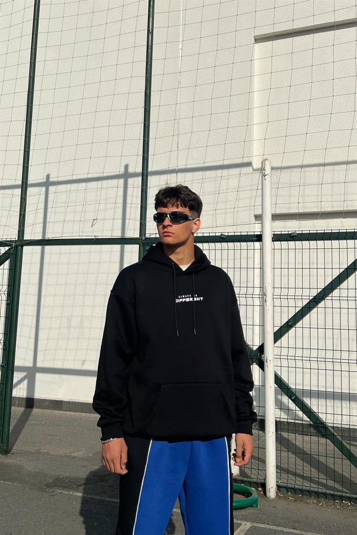 Chest Text Baskılı Siyah İçi Pamuklu Oversize Hoodie