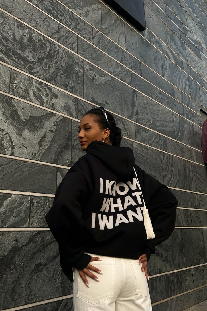 Chest Text Baskılı Siyah Oversize Hoodie