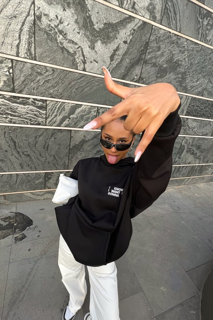 Chest Text Baskılı Siyah Oversize Hoodie