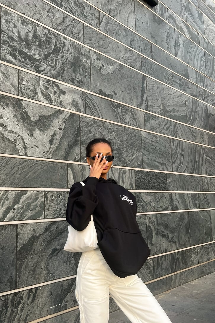 Chest Text Baskılı Siyah Oversize Hoodie