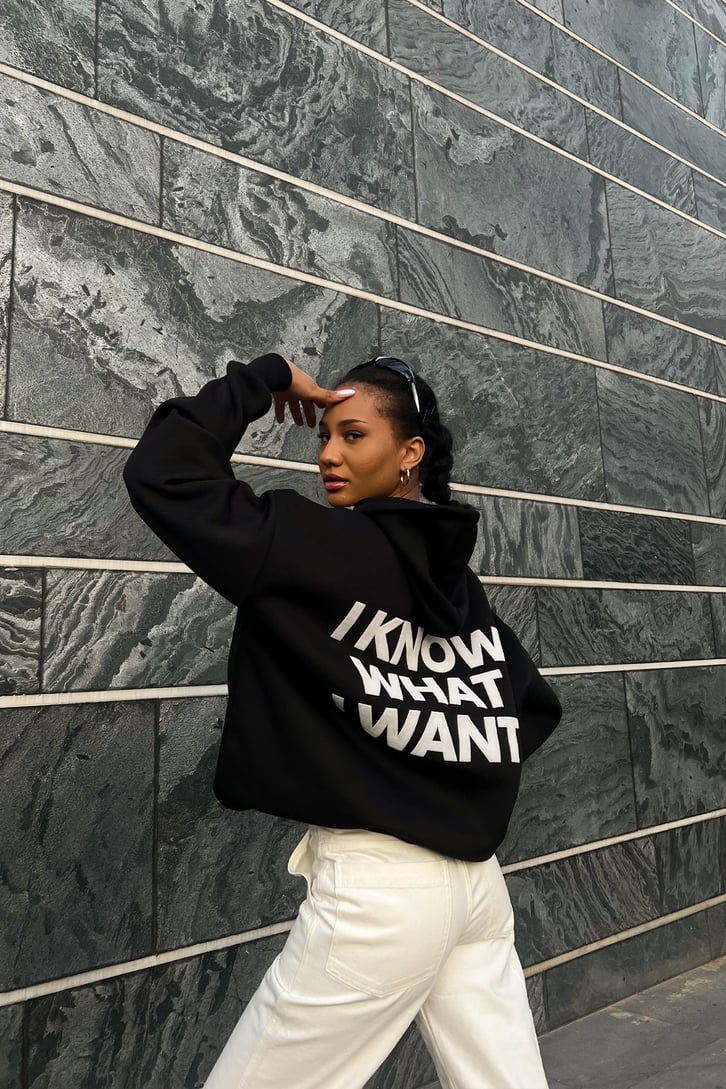 Chest Text Baskılı Siyah Oversize Hoodie
