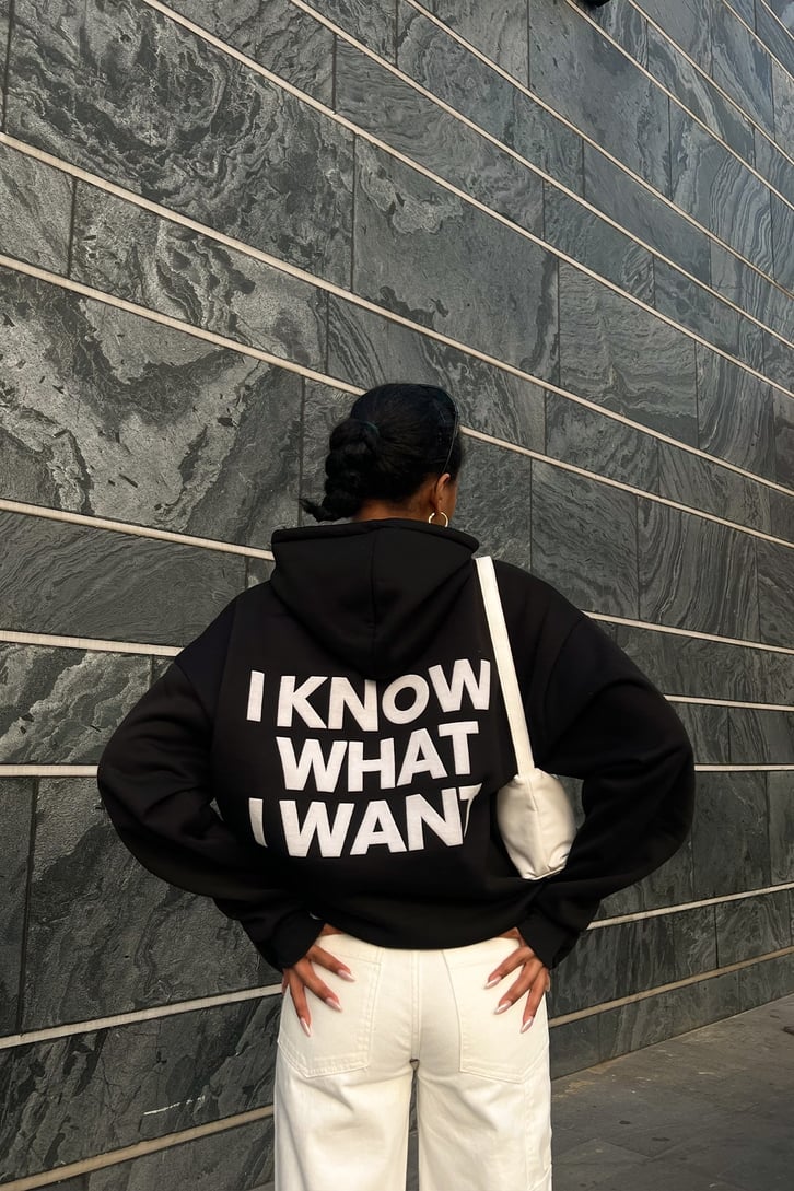 Chest Text Baskılı Siyah Oversize Hoodie