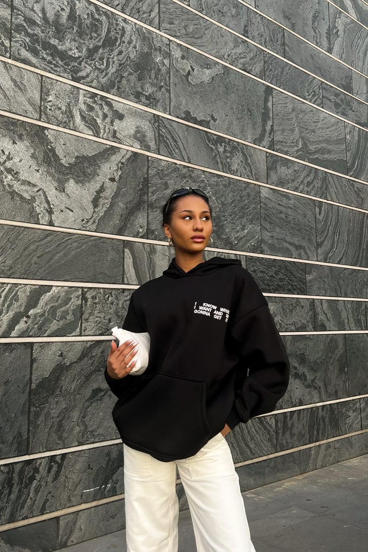 Chest Text Baskılı Siyah Oversize Hoodie
