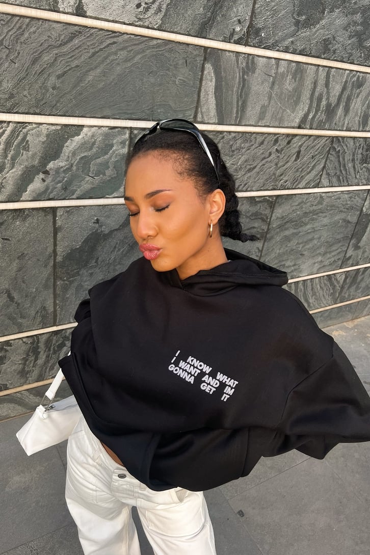 Chest Text Baskılı Siyah Oversize Hoodie