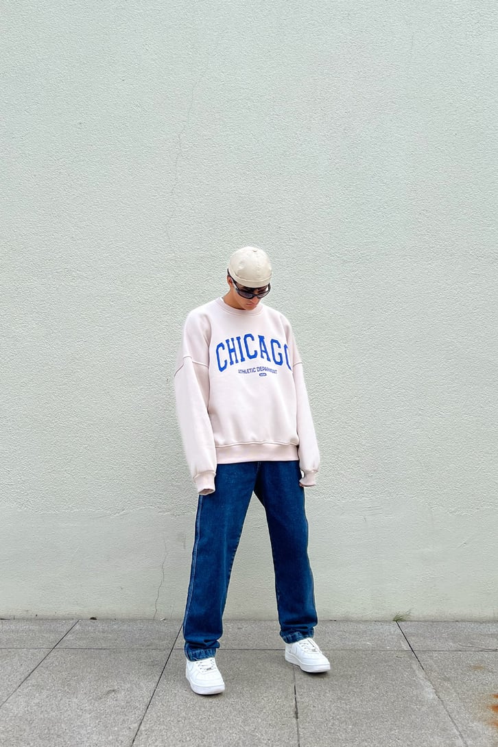 Chicago Baskılı Taş Rengi Sweatshirt