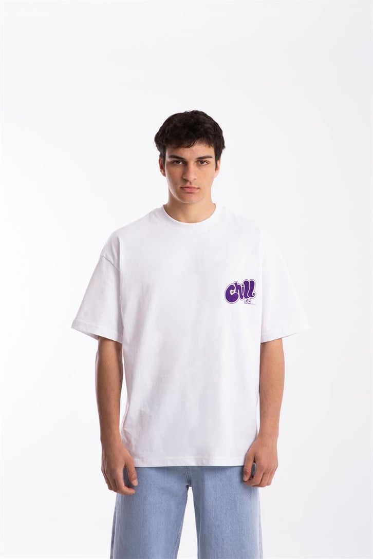 Chill Baskılı Beyaz Oversize Tişört