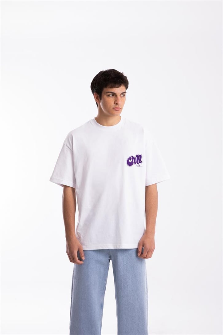 Chill Baskılı Beyaz Oversize Tişört