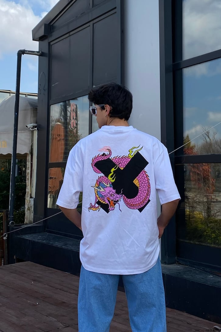 China Dragon Oversize Beyaz Tshirt