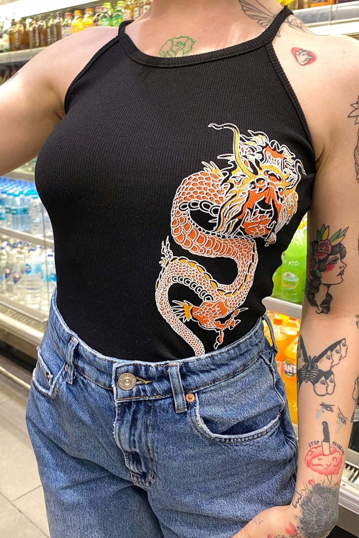 Chinese Dragon Baskılı Beyaz Askılı Üst