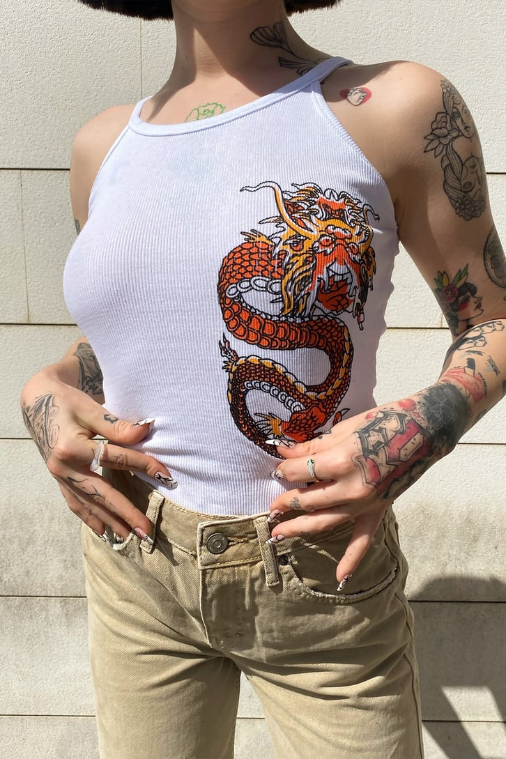 Chinese Dragon Baskılı Beyaz Askılı Üst