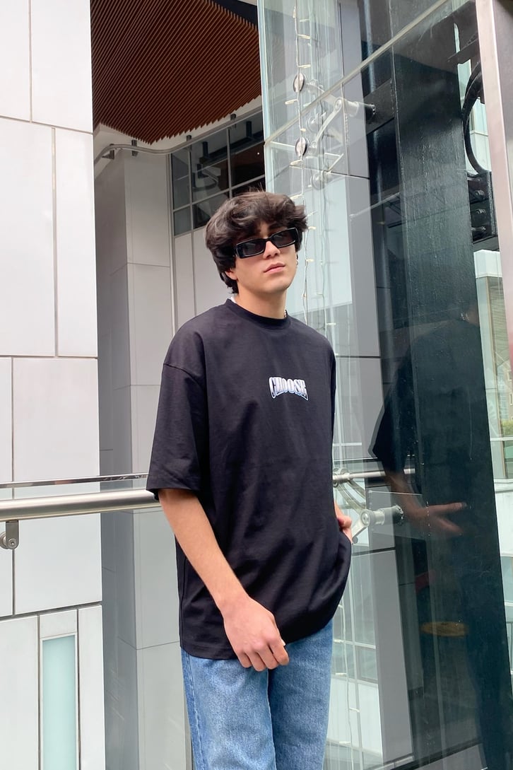 Chose Baskılı Siyah Oversize Tshirt