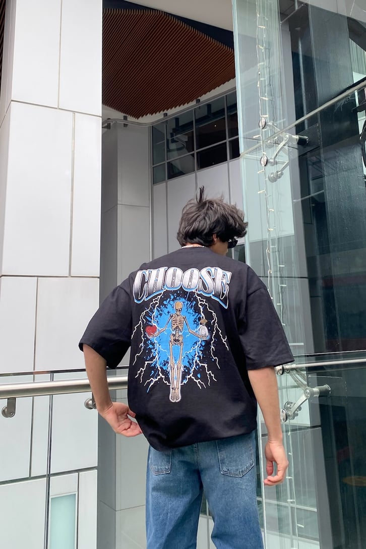 Chose Baskılı Siyah Oversize Tshirt