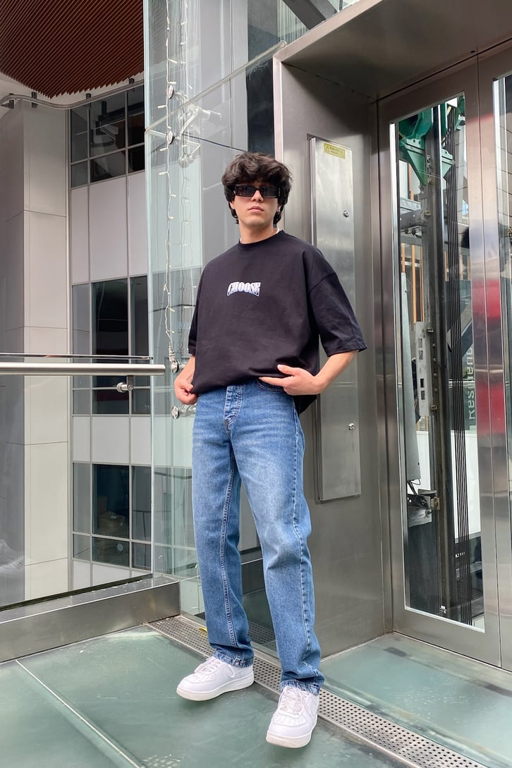 Chose Baskılı Siyah Oversize Tshirt