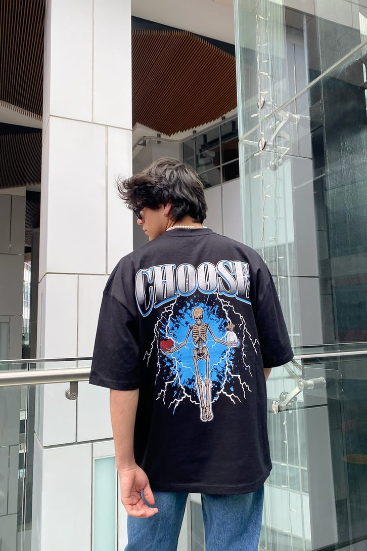 Chose Baskılı Siyah Oversize Tshirt
