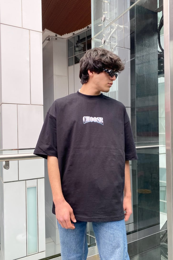 Chose Baskılı Siyah Oversize Tshirt
