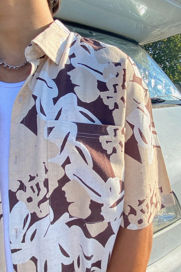 Çiçek Desenli Oversize Kısa Kollu Gömlek
