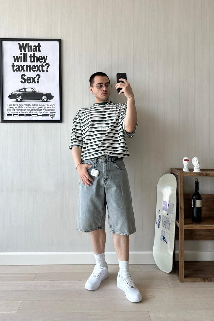 Çift Çizgi Örme Oversize Tişört