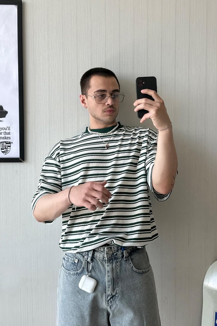 Çift Çizgi Örme Oversize Tişört