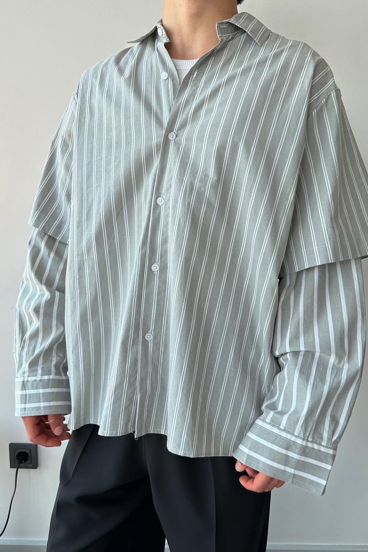Çift Çizgili Gri Oversize Uzun Kol Gömlek