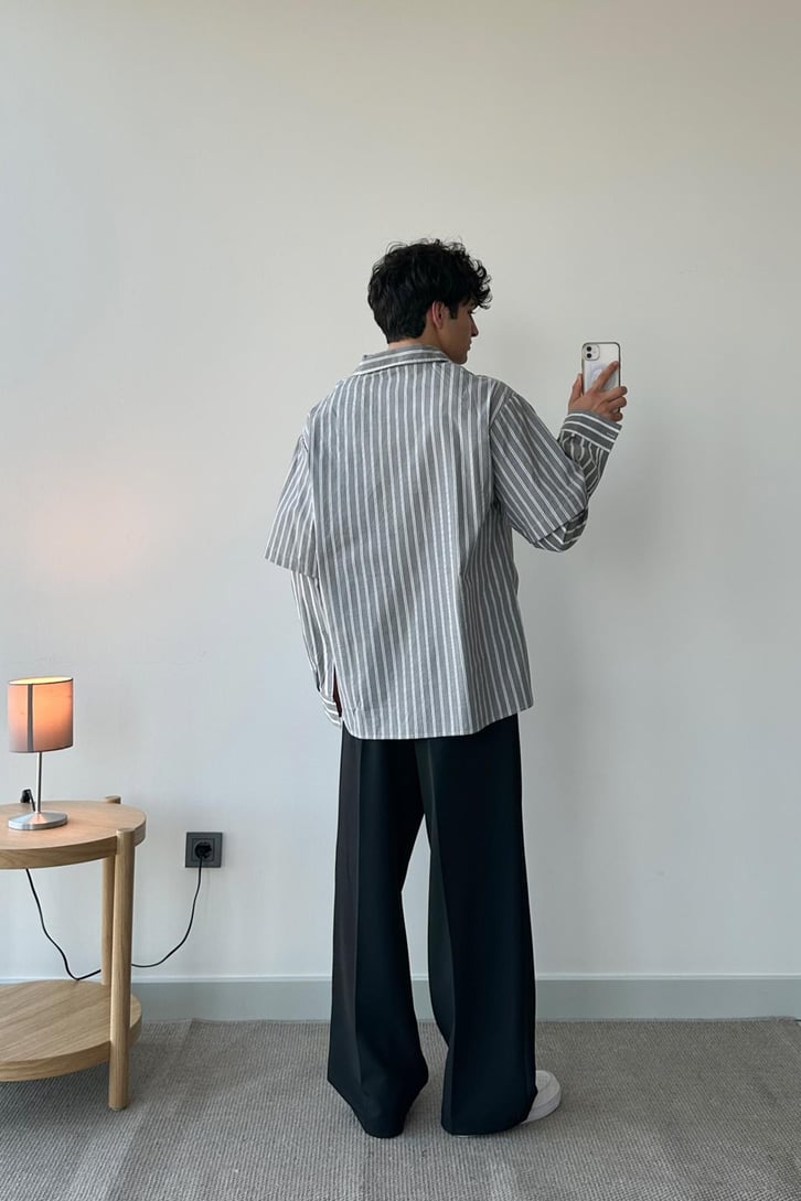 Çift Çizgili Gri Oversize Uzun Kol Gömlek