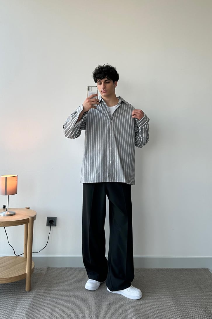 Çift Çizgili Gri Oversize Uzun Kol Gömlek
