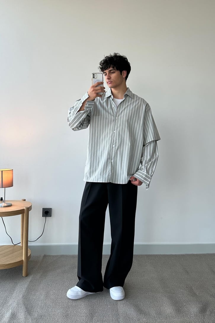 Çift Çizgili Gri Oversize Uzun Kol Gömlek