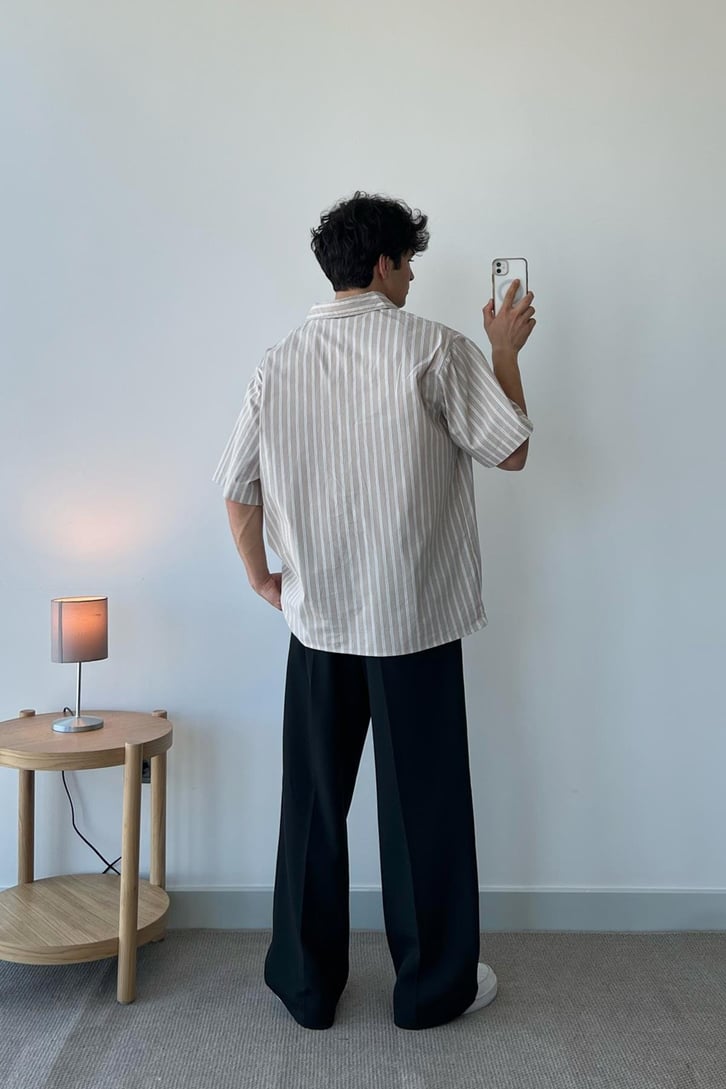 Çift Çizgili Kısa Kol Bej Oversize Gömlek