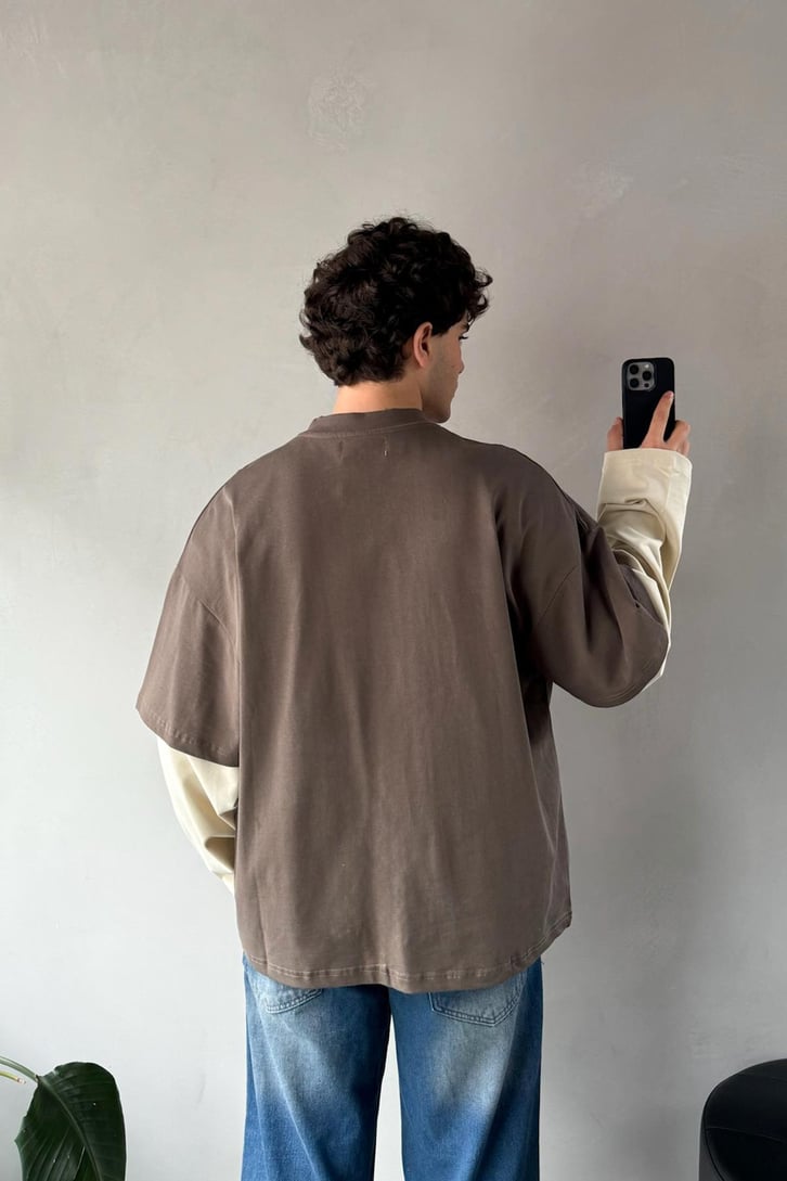 Çift Kollu Açık Kahverengi-Bej Basic Oversize Long Sleeve Tişört