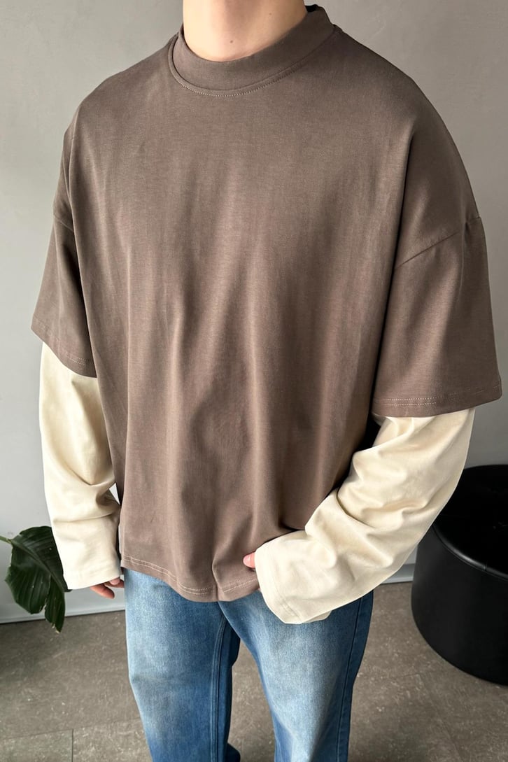 Çift Kollu Açık Kahverengi-Bej Basic Oversize Long Sleeve Tişört