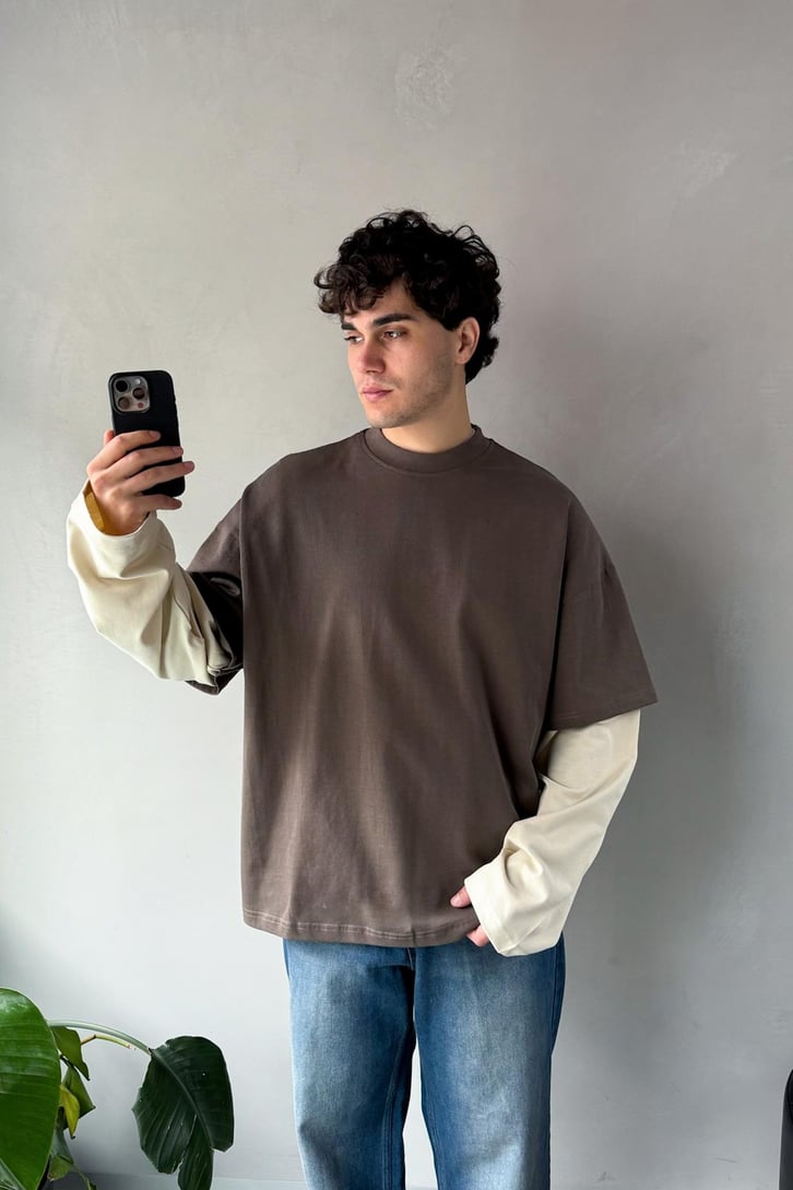 Çift Kollu Açık Kahverengi-Bej Basic Oversize Long Sleeve Tişört