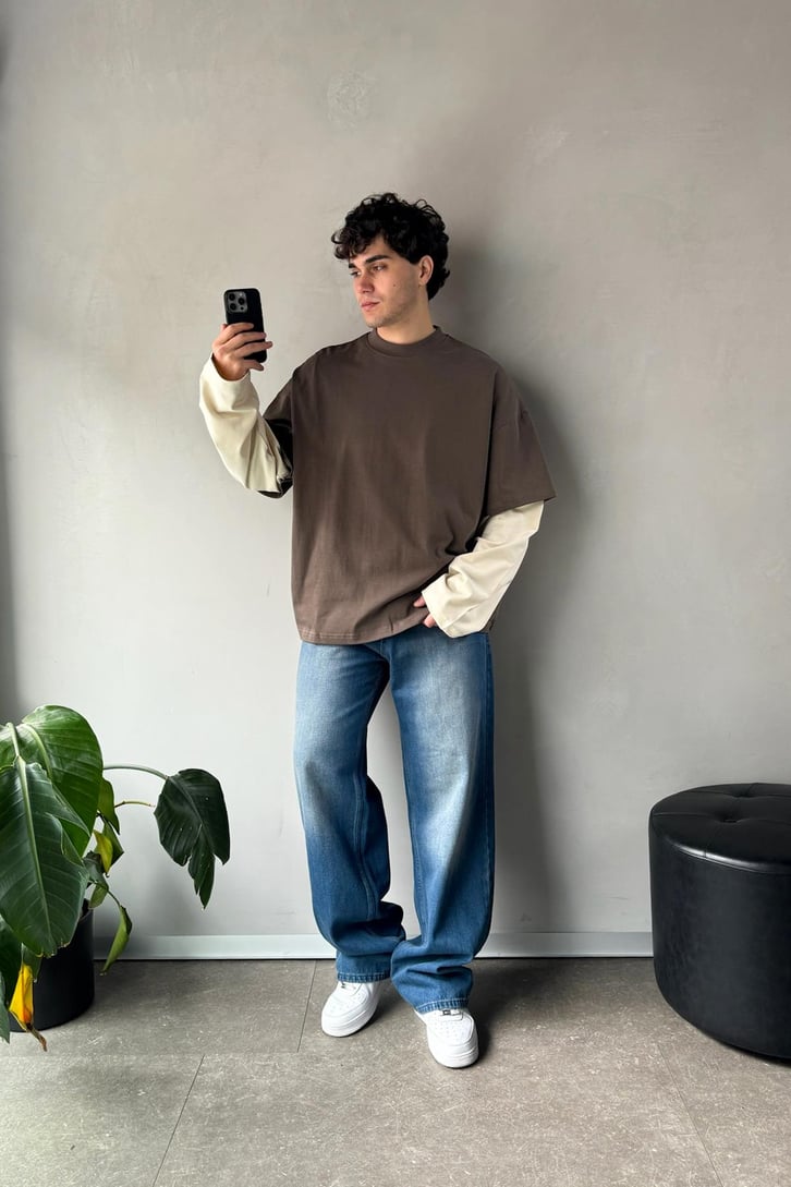 Çift Kollu Açık Kahverengi-Bej Basic Oversize Long Sleeve Tişört