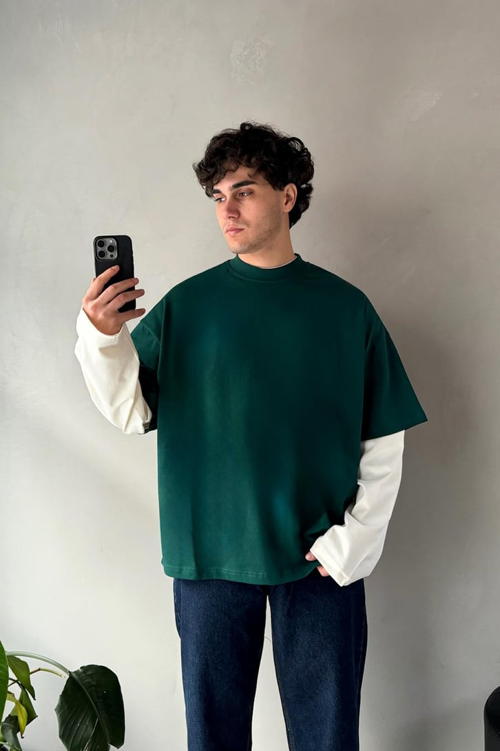 Çift Kollu Basic Oversize Yeşil Ekru Long Sleeve Tişört