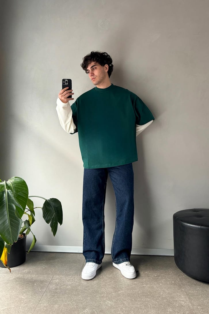 Çift Kollu Basic Oversize Yeşil Ekru Long Sleeve Tişört