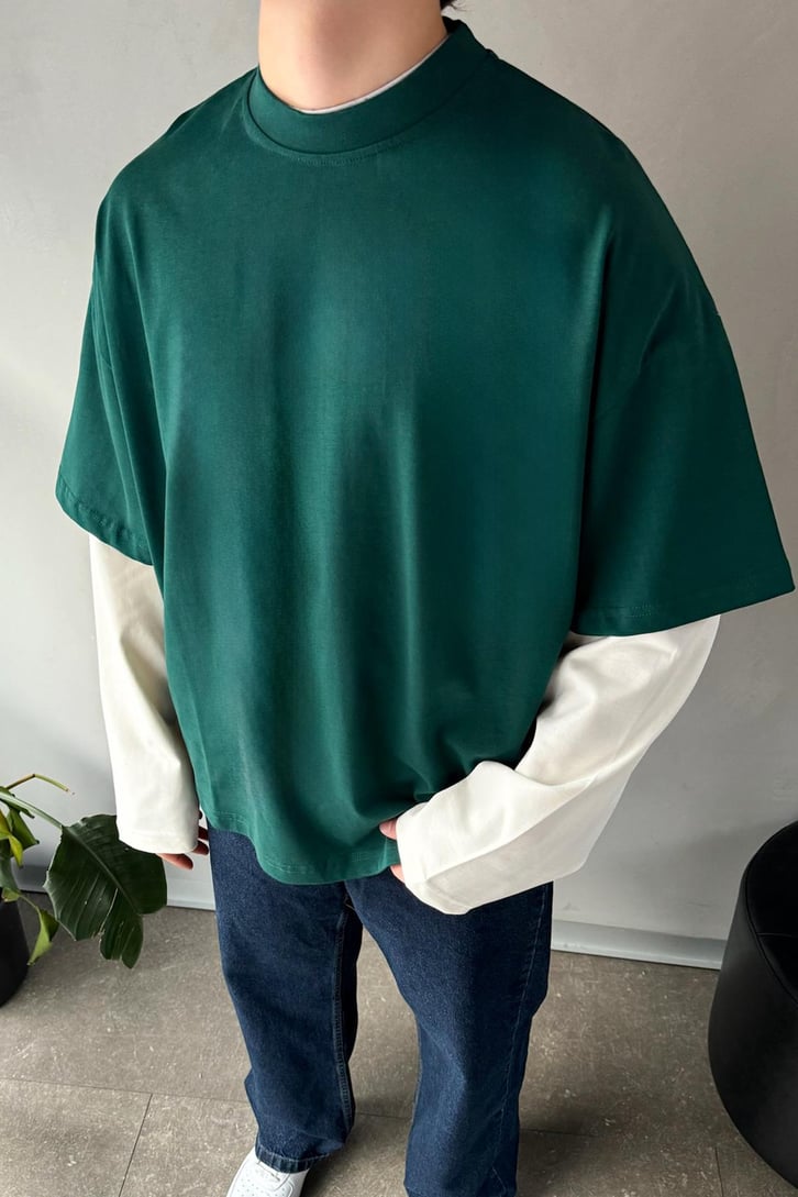 Çift Kollu Basic Oversize Yeşil Ekru Long Sleeve Tişört