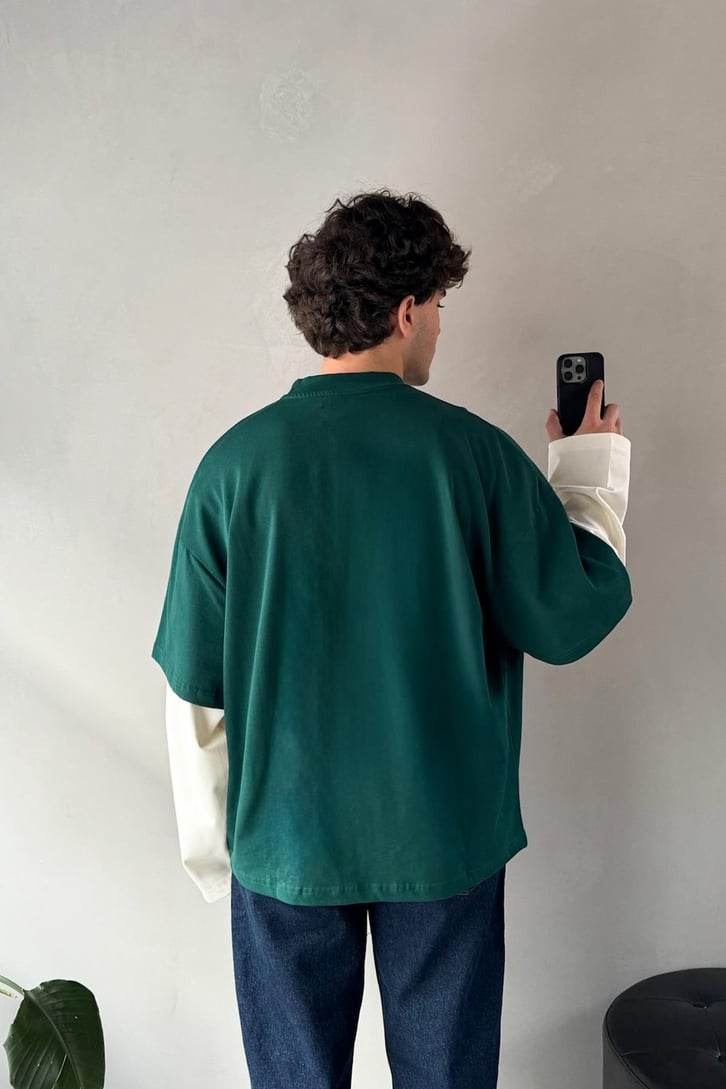 Çift Kollu Basic Oversize Yeşil Ekru Long Sleeve Tişört