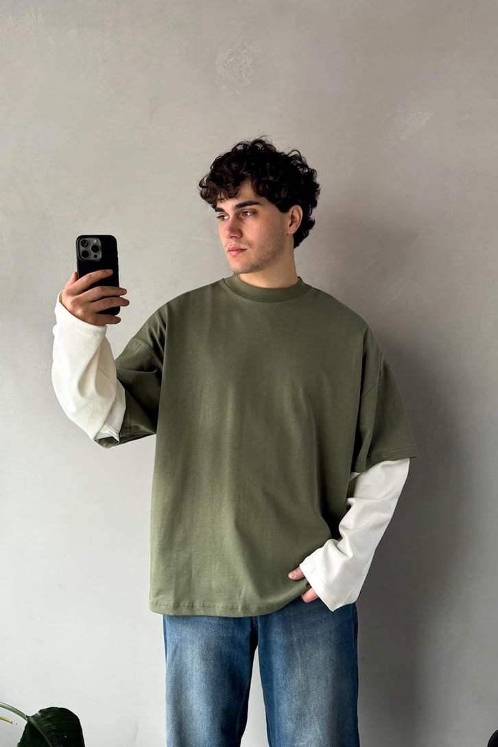 Çift Kollu Haki-Ekru Basic Oversize Long Sleeve Tişört