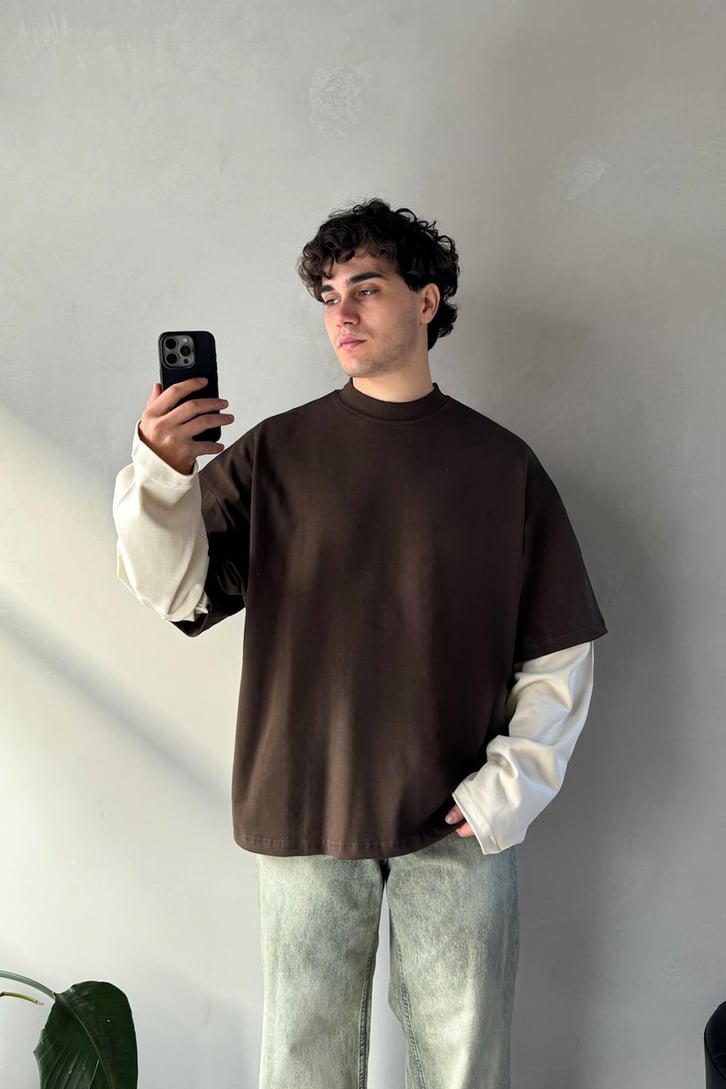Çift Kollu Koyu Kahverengi-Ekru Basic Oversize Long Sleeve Tişört