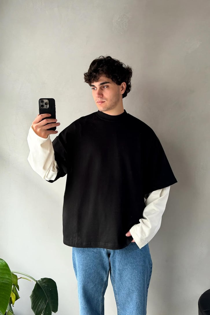 Çift Kollu Siyah-Ekru Basic Oversize Long Sleeve Tişört