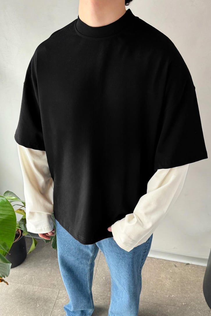 Çift Kollu Siyah-Ekru Basic Oversize Long Sleeve Tişört