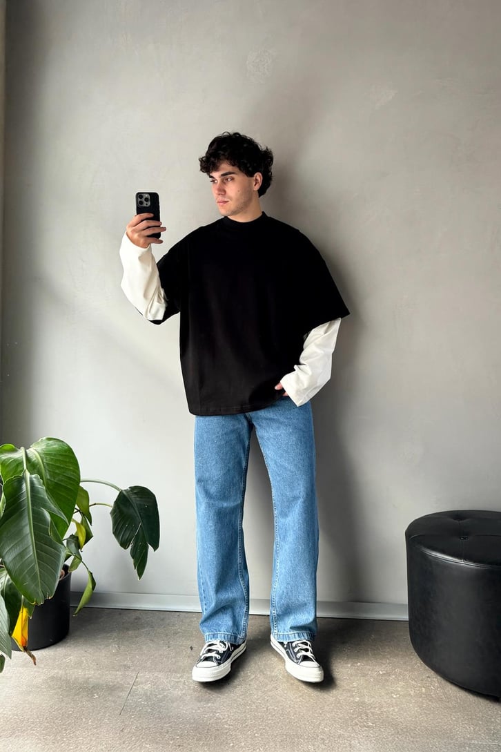 Çift Kollu Siyah-Ekru Basic Oversize Long Sleeve Tişört